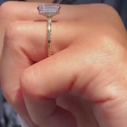 3CT Emerald Cut Moissanite Engagement Ring With 14K Yellow Gold Hidden Halo