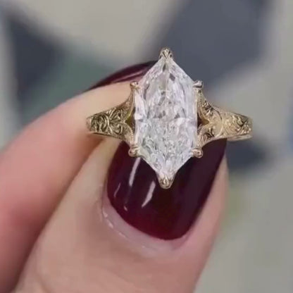 Vintage 3CT Dutch Marquise Moissanite Diamond Engagement Ring,14K Solid Gold Promise Ring, Hand Engraved Split Shank Wedding Ring For Her