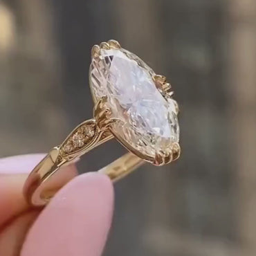 4 CT Moval Cut Moissanite Engagement Ring, 14 Solid Gold Inspired Solitaire with Side Stones Wedding Ring
