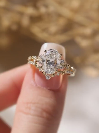 Oval Cut Moissanite Nature Inspired Bridal Set with Curved Chevron Band