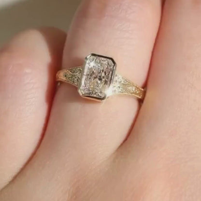 Bezel Set Radiant Moissanite Engagement Ring Vintage14K Solid Gold Promise Ring Hand Engraved Wedding Band Ring For Women