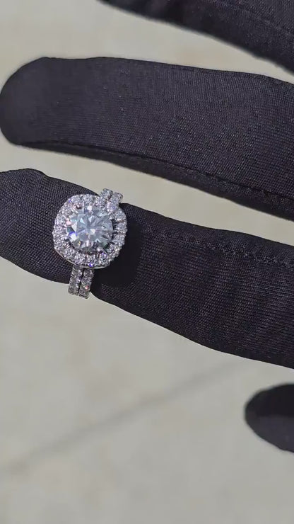 Round Cut Moissanite Cushion Halo Engagement Ring Set - Pavé Band Bridal Set