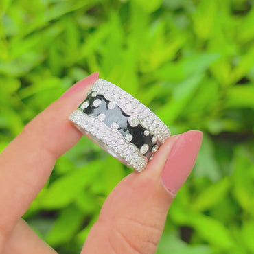 Black Enamel Wide Band Ring, Unique Pave Diamond Cluster Wedding Ring, Heavy Silver Promise Band, Art Deco Style Cocktail Ring For Her