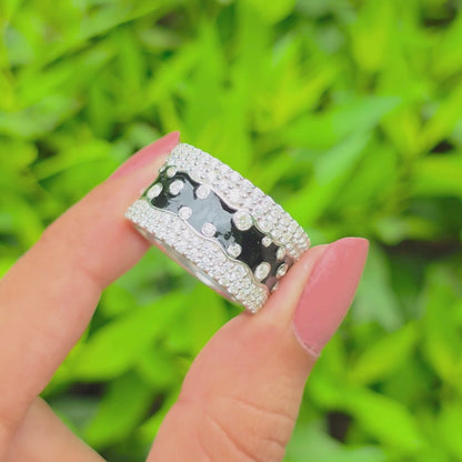 Black Enamel Wide Band Ring, Unique Pave Diamond Cluster Wedding Ring, Heavy Silver Promise Band, Art Deco Style Cocktail Ring For Her