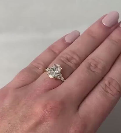 Oval Lab Grown Diamond Engagement Ring - Pear & Round Cluster Side Stone Gold Ring