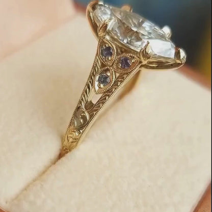Vintage Marquise Cut Lab Grown Engagement Ring with Gold Engraved