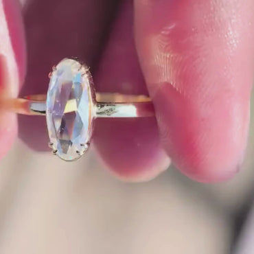 Antique Rose Cut Elongated Oval Moissanite Solitaire Ring in 14K Solid Gold