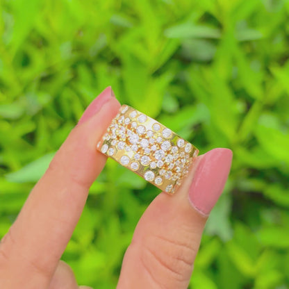 Gorgeous Round Moissanite Diamond Wide Band, Flush Set Scattered Wedding Band, 14K Solid Yellow Gold Plated Cigar Band, Cocktail Women Rings