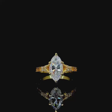 3CT Marquise Cut Moissanite Engagement Ring Vintage Hand Engraved Gold Band