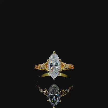 3CT Marquise Cut Moissanite Engagement Ring Vintage Hand Engraved Gold Band