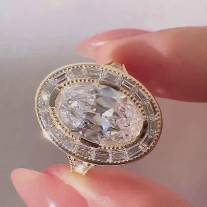 Art Deco Oval Moissanite With Halo Baguette & Round Cut Engagement Ring