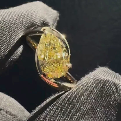 2 CT Fancy Vivid Yellow Pear Lab Diamond Engagement Ring, East West Bypass Setting Wedding Ring, 14k Yellow Gold, IGI Certified VS