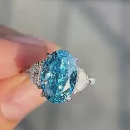 4 CT Blue Oval Lab Grown Three Stone Diamond  Engagement 14K Gold Pave Ring