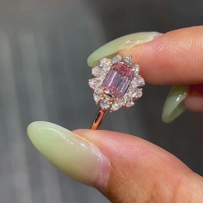 Lab Emerald Cut Pink Gemstone With Floral Halo Cluster Diamond Engagement Ring