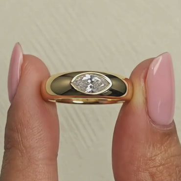 East West Marquise Moissanite Dome Ring in Solid 14k Gold Bezel Statement Ring for Women, Chunky Pinky Signet, Handmade Jewelry