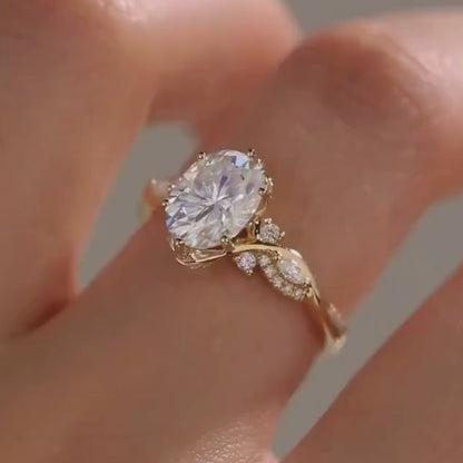 Floral 2 CT Oval Cut Moissanite Engagement Ring, Vintage 18K Solid Gold, Marquise Side Stone Wedding Ring, Anniversary Ring