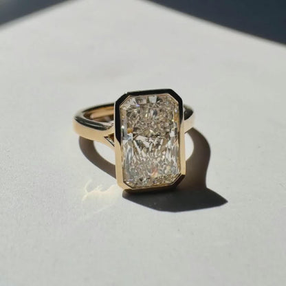 Bezel Set Radiant Cut Moissanite Solitaire Engagement Ring - Cathedral Split Shoulder Gold Ring