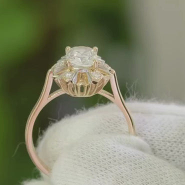 Vintage Inspired Cushion Moissanite Sunburst Halo Ring in Tri Tone Gold Ring Set