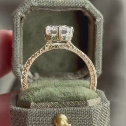 Vintage 3CT Emerald Cut Moissanite Engagement Ring 14K Solid Gold Ring With Engraved Band Antique-Inspired Solitaire Bridal Set Ring for Her