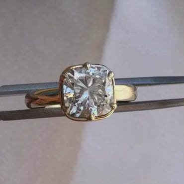 East West Cushion Cut Bezel Moissanite Engagement Ring in Yellow Gold