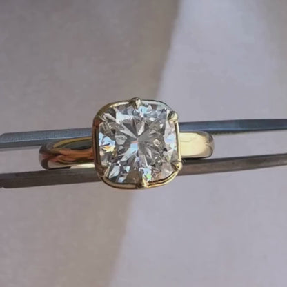 East West Cushion Cut Bezel Moissanite Engagement Ring in Yellow Gold