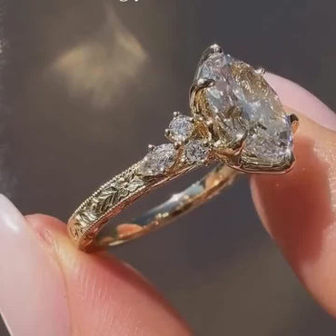 Vintage Marquise Moissanite Ring, Celestial Engraved Hidden Halo Solitaire