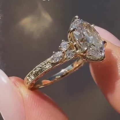 Vintage Marquise Moissanite Ring, Celestial Engraved Hidden Halo Solitaire