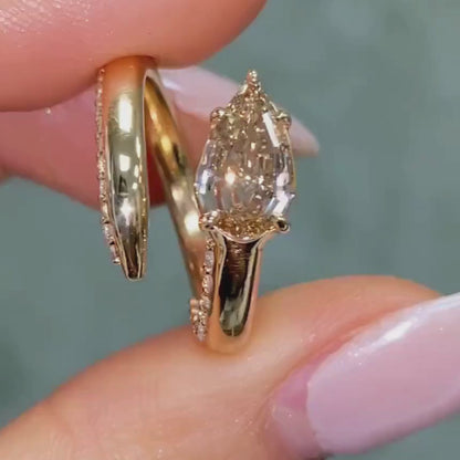 Pear Cut Champagne Moissanite Engagement Ring, Vintage 14k Yellow Gold Solitaire Ring, Open Band Wedding Ring, Bridal Jewelry, Anniversary Gifts Ring