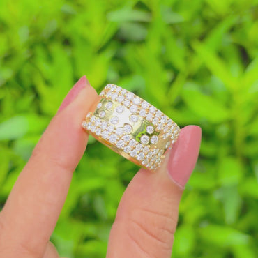 Chunky Wide Diamond Band, 14k Gold Pave Wedding Ring, Multi-Row Diamond Cocktail & Bold Designer Style Ring, Unique Promise Ring For Women