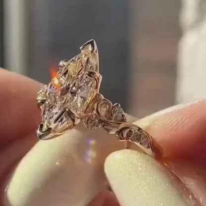 Vintage 2.5 CT Marquise Cut Moissanite Engagement Ring, 18K Solid Yellow Gold Natural Inspired Flower Wedding Ring, Anniversary Ring For Women