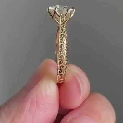 Vintage Inspired 2 CT Round Cut Solitaire Lab Diamond Engagement Ring, 14K Yellow Gold Art Deco Hand Made Filigree Promise Ring for Her