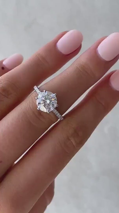 Six Prong Round Cut Moissanite Engagement Ring - Cathedral Pavé Band Solitaire Ring