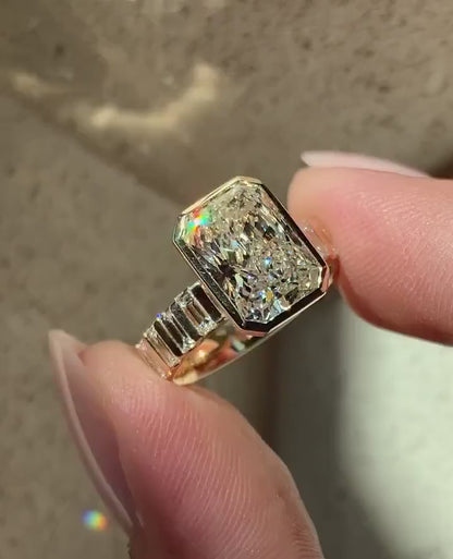 Bezel Set Radiant Cut Moissanite Engagement Ring - Channel Set Baguette Band Gold Ring