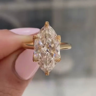 3CT Marquise Moissanite Engagement Ring, 14K Solid Gold Solitaire Wedding Ring, Tulip Set Vintage Leaf Ring, Unique Gift for Her