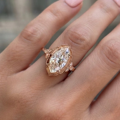 3 CT Marquise Cut Moissanite Engagement Ring Vintage Milgrain 14K Yellow Gold Halo Solitaire Ring Art Deco Bridal Jewelry Gift For Her